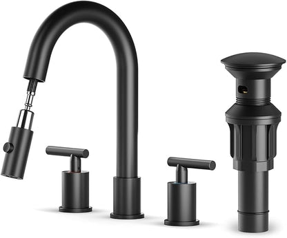 Ryuwanku Matte Black Pull Down Bathroom Faucet with Pop-up Drain, 8 inch Widespread Bathroom Faucet 3 Hole with Pull Down Sprayer 2 Modes. 8'' Matte Black Bathroom Faucet with Supply Lines