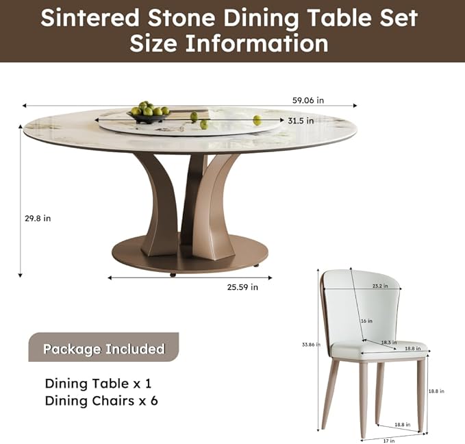 Modern Sintered Stone Dining Table for 6-8, Luxury Faux Marble Kitchen Table with Heavy-Duty Stainless Steel Base, Heat-Resistant Furniture for Dining Room (Table+4 Chairs,59'')
