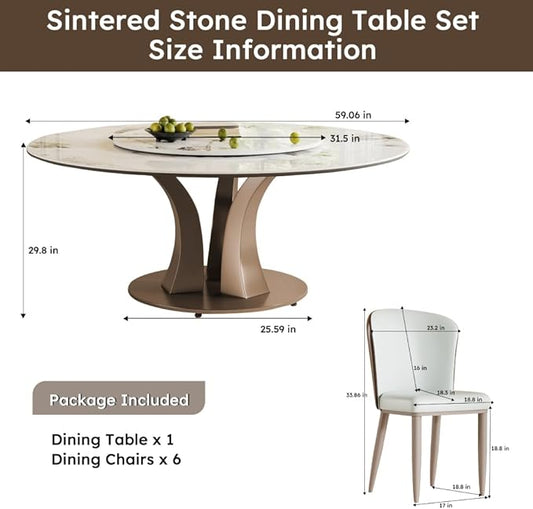 Modern Sintered Stone Dining Table for 6-8, Luxury Faux Marble Kitchen Table with Heavy-Duty Stainless Steel Base, Heat-Resistant Furniture for Dining Room (Table+4 Chairs,59'')