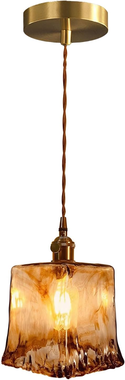 Vintage Amber Glass Pendant Light, Mid Century Square Brushed Brass Hanging Pendant Chandelier, E26/E27 Adjustable Height Farmhouse Pendant Lamp Fixture for Kitchen Island Living Room Dinning Room