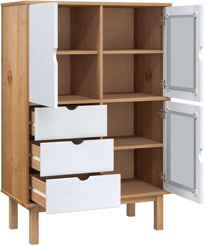 Rustic Highboard Buffet Cabinet, 49.2" Tall Solid Pine Bar Hutch with 3 Drawers & 2 Shelves, Brown Matte Coffee Bar Station for Dining Room Living Room Kitchen