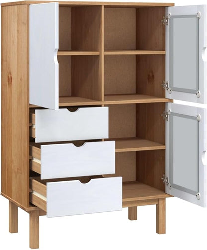 Rustic Highboard Buffet Cabinet, 49.2" Tall Solid Pine Bar Hutch with 3 Drawers & 2 Shelves, Brown Matte Coffee Bar Station for Dining Room Living Room Kitchen