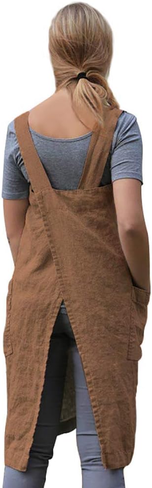 Larmliss Women's Pinafore Square Apron Baking Cooking Gardening Works Cross Back Cotton/Linen Blend Dress with 2 Pockets
