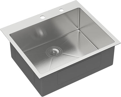 25 Inch Drop in Kitchen Sink 25x22 Drop in Kitchen Sink 16 Gague Topmount Stainless Steel Single Bowl Handmade Sinks Large Deep Basin 25"x22"x9"