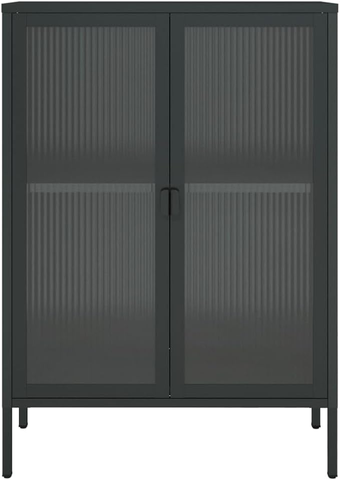 Black Powder-Coated Steel Sideboard, Fluted Glass Accent Cabinet for Living Room, 2-Door Storage with Adjustable Shelves, 13.8x29.5x41.3 inch Kitchen Furniture
