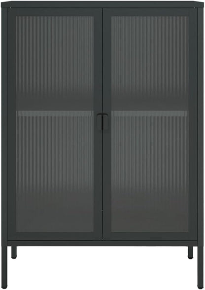 Black Powder-Coated Steel Sideboard, Fluted Glass Accent Cabinet for Living Room, 2-Door Storage with Adjustable Shelves, 13.8x29.5x41.3 inch Kitchen Furniture