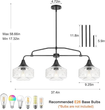 Farmhouse Kitchen Island Lighting, Black 3-Light Island Light for Kitchen, Adjustable Dining Room Light Fixture Over Table, Linear Chandelier Pendant Lighting with Clear Glass for Living Room Sink