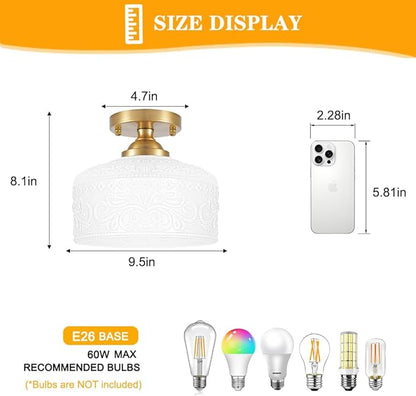 Daunton Artistic Gold Handcrafted Semi Flush Mount Ceiling Light - 12 Inch Vintage White Glass Shade with Etched Patterns, Easy Install Small Ceiling Light Fixture for Hallway, Kitchen, Bedroom