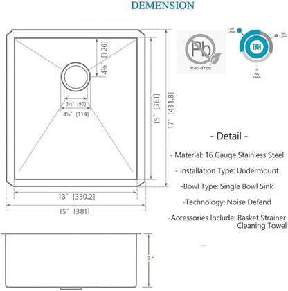 Hotis 15" x 17" Undermount Bar Sink, Stainless Steel Prep Small Kitchen Bar Sink for Rv/Outdoor, Single Bowl Design Brushed Nickel Sink With Strainer