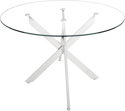 Silver Glass Dining Table for 6 Modern 47.3" Round Kitchen Dining Room Table for 4-6 with X-Shape Metal Base Large Clear Glass Top Dining Tables for Home Kitchen