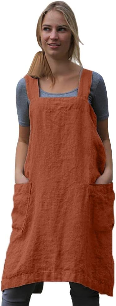 Larmliss Women's Pinafore Square Apron Baking Cooking Gardening Works Cross Back Cotton/Linen Blend Dress with 2 Pockets