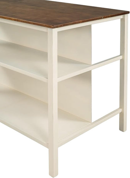 45" Stationary Kitchen Island, Rubber Wood Butcher Block Dining Prep Table with 2 Open Shelves Kitchen Table, Dining Room Table for Bar, Living Room, Walnut+Cream White