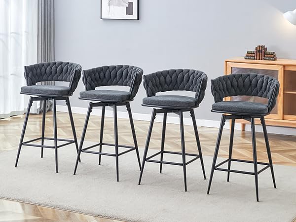 4 Set Swivel Bar Stools with Breathable Linen Cotton Seats 360° Rotating Counter Height Stools, Heavy Duty Iron Frame, 300lb Capacity for Kitchen Island, Dining Pub Blackish Gray