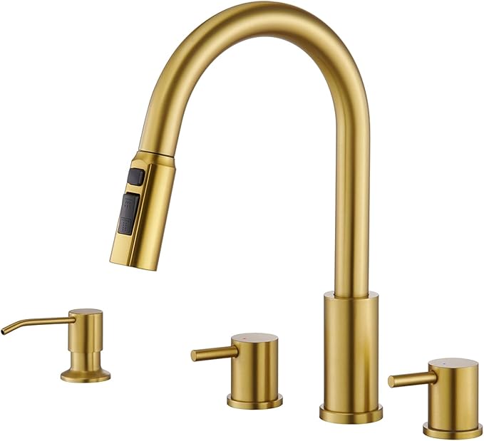 Tohlar 4 Hole Kitchen Faucet, Brushed Gold Kitchen Faucet with Soap Dispenser and Pull Down Sprayer 3 Modes Kitchen Sink Faucets, Stainless Steel High Arch Kitchen Sink Faucet with Separate Handle