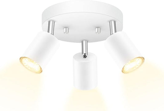 AUQUEE LED 3 Light Track Lighting Kit, LED Track Lighting Fixtures, White Round Ceiling Spot Lighting, Flexibly Rotatable Light Head for Kitchen, Living Room, Bedroom, GU10 Bulb Not Included