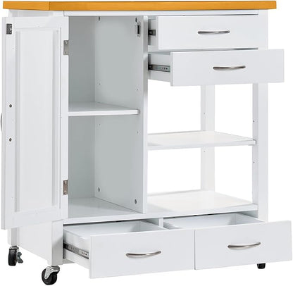 American White Oak Dining Car Table – Kitchen Island Cart with Walnut Top, Rolling Storage Cabinet with Drawers and Shelves, White Sideboard Buffet with Glass Door, Towel Bar & Locking Wheels