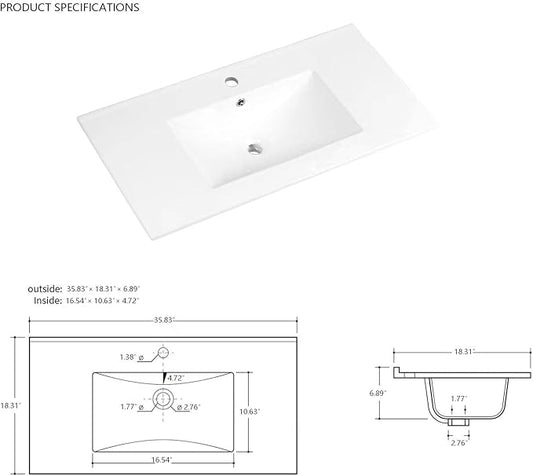35.83"L×18.31"W×6.69"H Drop-In Rectangular Ceramic Bathroom Vanity Sink Top – White Integrated Overflow Sink with Single Hole Faucet & Pop-Up Drain Assembly