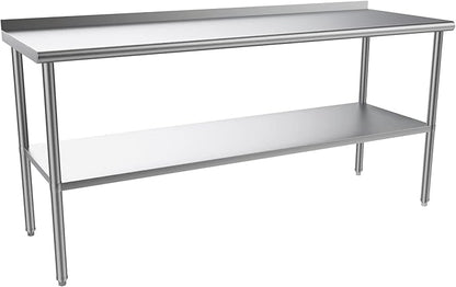 ROVSUN 72'' x 24'' Stainless Steel Table for Prep & Work,Commercial Worktables & Workstations,Heavy Dut Metal Table with Adjustable UnderShelf & Backsplash for Kitchen, Restaurant,Home,Hotel