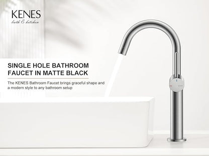 KENES Brushed Nickel Vessel Sink Faucet, Single Handle Tall Bathroom Faucet Single Hole, Modern Bathroom Vanity Faucet with Pop Up Drain and Supply Lines, KE-9005C