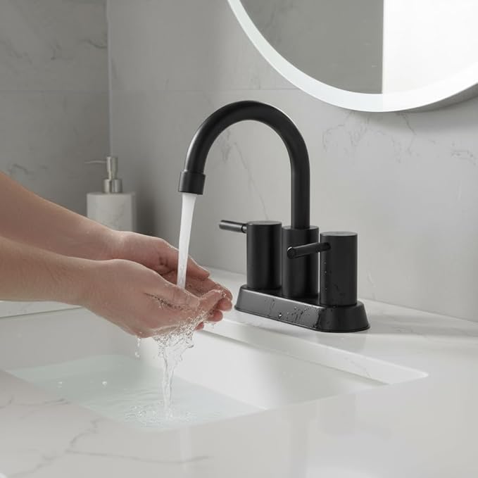 IKEBANA Modern Matte Black Bathroom Faucet, 2 Handle 4 Inch Centerset Sink Faucet, 360° Swivel High-Arc Spout Stainless Steel for RV Vanity Lavatory with Pop-up Drain and Supply Lines