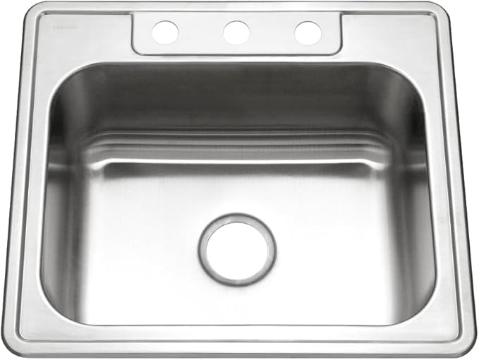 Houzer Glowtone Stainless Steel Kitchen Sink: 25 Inch Drop-in Topmount 3-Hole Single Bowl with Strainer, Durable & Versatile, Essential for Home & Apartment: 2522-9BS3-1