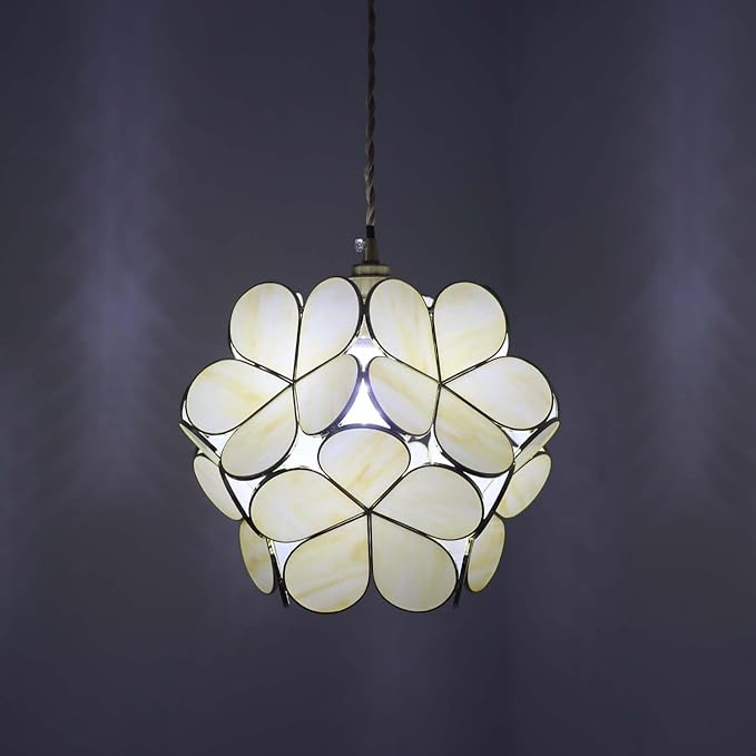 Bieye L11032 Petals Tiffany Style Stained Glass Ceiling Pendant Light for Home Decoration (Cream White, 12" Cherry Blossom)