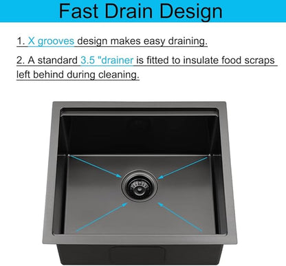 Black Small Kitchen Sink, 21 x 18 Inch Black Stainless Steel Sink Undermount Workstation Wet Bar Prep Kitchen Single Bowl Basin