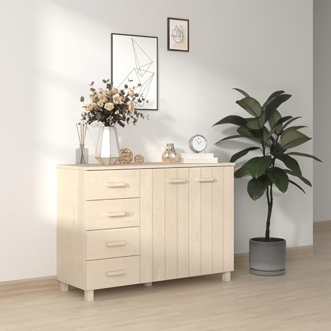 Honey Brown Pine Sideboard Buffet Cabinet 44.5" Wide 4-Drawer 2-Door Wine Bar Liquor Storage for Dining Room Living Room Entryway