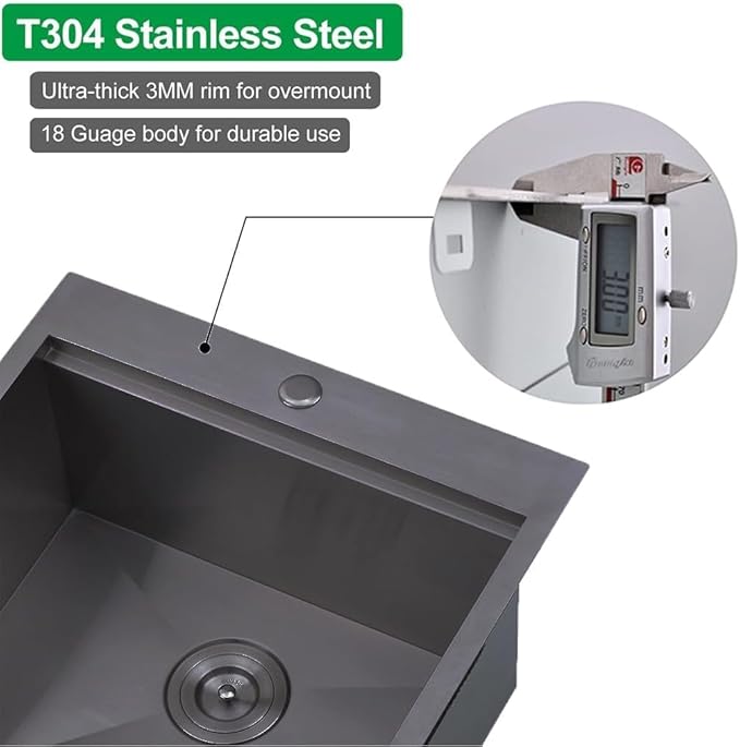 KINGO HOME Black Kitchen Sink,Drop In Bar Sink Gunmetal Black Stainless Steel Square Small Topmount Single Bowl Workstation Sinks,304 Stainless Steel Topmount Wet Bar Prep Sinks With Cutting Board