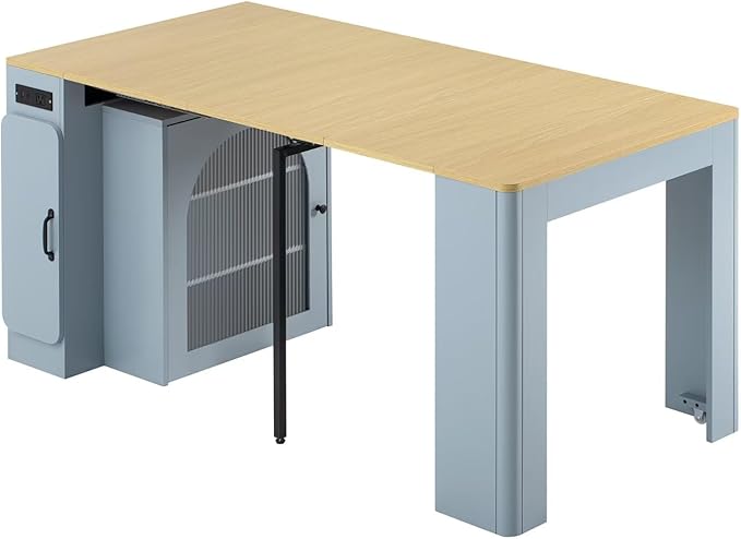DRIXNO 15.6"-59"L Extendable Dining Table with 3 Removable Leaves, Rolling Kitchen Island Cart with Power Outlet & Storage Cabinet for Small Dining Room, Living Room, or Apartment(Grey-Blue, Natural)