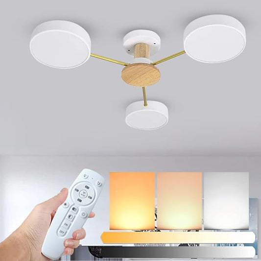 3-Lights LED Ceiling Light Fixture,26 Inch Modern Ceiling Lights Flush Mount Wooden 24W Dimmable Chandelier for Living Room Bedroom Kitchen,3000K/4000K/6000K White