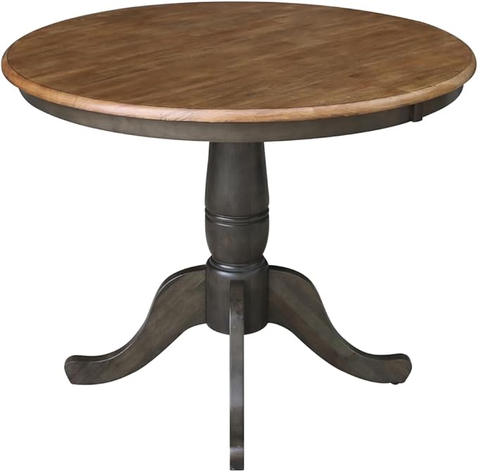 HomeStock Medieval Majesty 36-in Round Top Pedestal Table - Counter Height, Dual-Toned Hickory/Stone Finish, Parawood, Butcher Block Top, Ideal for Kitchen Islands