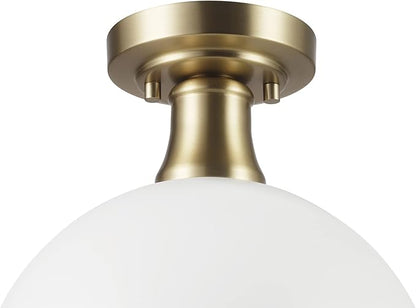 GLOBE Electric 66000037 1-Light Semi-Flush Mount Ceiling Light, Matte White, Brass Accents, Bedroom Lighting Fixtures Ceiling, Dining Room Fixture, Timeless Lighting for Hallway or Dining Room