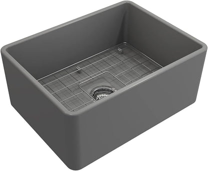 BOCCHI Classico Farmhouse Apron Front Fireclay 24 in. Single Bowl Kitchen Sink with Protective Bottom Grid and Strainer in M.Gray