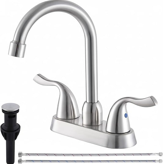 Brushed Nickel Bathroom Sink Faucet, 2 Handle 4 Inch Centerset Bathroom Faucet, 3 Hole Small Bathroom Sink Faucet with Supply Lines and Pop-up Drain, RV faucets for Camper Lavatory Vanity