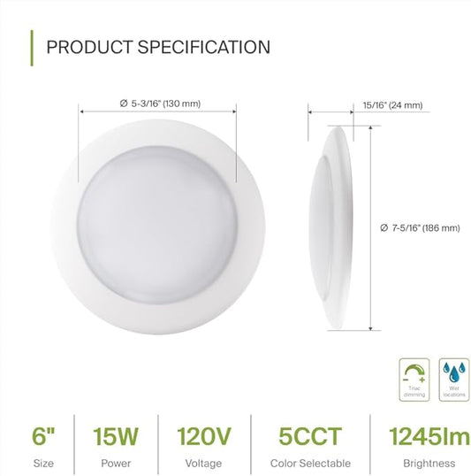 ASD 1 Pack LED Disk Lights 6 Inch, 15W 5CCT 2700K-5000K 1245LM CRI90+, Dimmable Flush Mount Ceiling Light Fixture, Low Profile Surface Mount Disc Lights, Junction Box or Recessed Can Install, UL