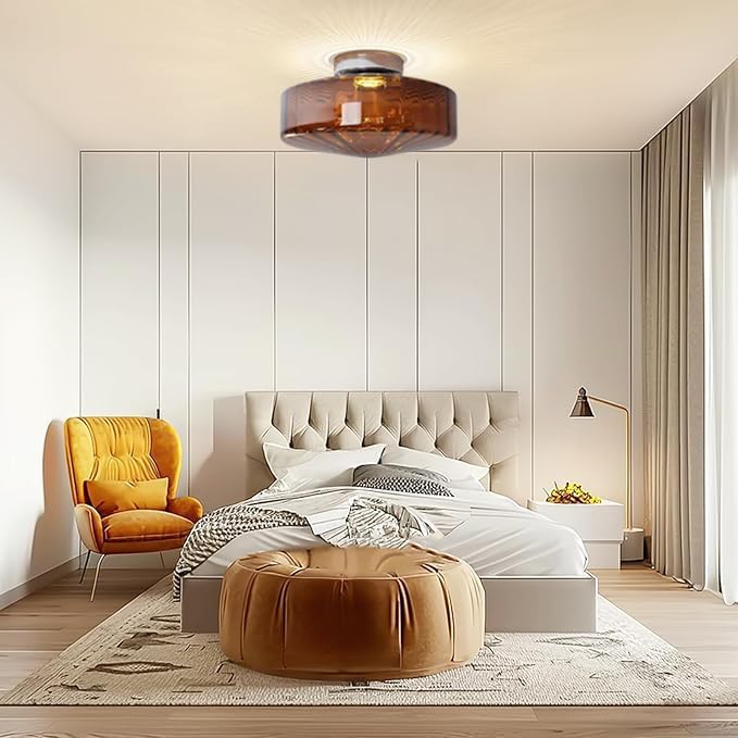 Bofea-Semi Flush Mount Ceiling Light with Water Ripple Glass Shade,Mid Century Modern Amber Glass Overhead Lights,Hallway Lighting,Vintage Close to Ceiling Light Fixtures for Kitchen Entryway.