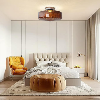 Bofea-Semi Flush Mount Ceiling Light with Water Ripple Glass Shade,Mid Century Modern Amber Glass Overhead Lights,Hallway Lighting,Vintage Close to Ceiling Light Fixtures for Kitchen Entryway.