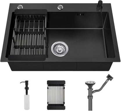 29.5 * 17.7in Drop In Kitchen Sink with 3 Holes,Black Topmount Stainless Steel Single Bowl Sinks With Drain basket & Soap dispenser