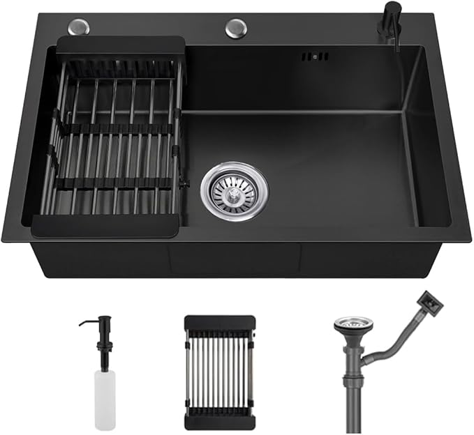 23.6 * 17.7in Drop In Kitchen Sink with 3 Holes,Black Topmount Stainless Steel Single Bowl Sinks With Drain basket & Soap dispenser