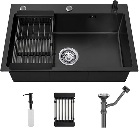 23.6 * 17.7in Drop In Kitchen Sink with 3 Holes,Black Topmount Stainless Steel Single Bowl Sinks With Drain basket & Soap dispenser