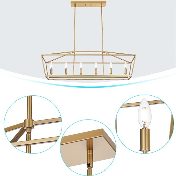 BONLICHT 6 Light Brushed Brass Farmhouse Chandelier for Dining Room, Modern Industrial Foyer Linear Pendant Light Traditional Gold Kitchen Island Lighting Fixture Hanging Ceiling Lights, E12 Base