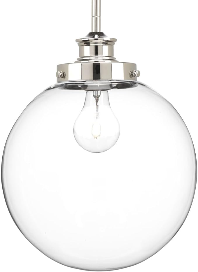 Progress Lighting 1-Light Clear Glass Farmhouse Pendant Light, Penn Collection, Indoor, P5070-104, Polished Nickel