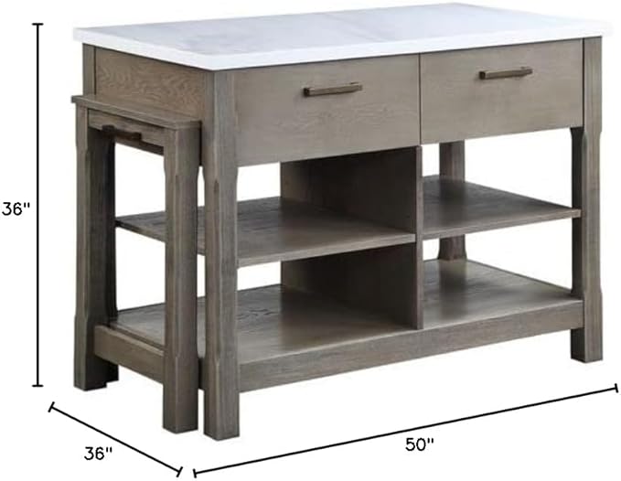 Acme Feivel Kitchen Island with Pull Out Table in Marble Top and Rustic Oak