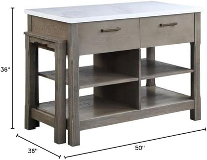 Acme Feivel Kitchen Island with Pull Out Table in Marble Top and Rustic Oak
