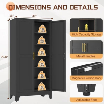 PAOFIN 75" Metal Kitchen Pantry Cabinet,Black Storage Cabinet with Doors and 5 Adjustable Shelves, Cabinet with 2 Metal Handles,Tall Cabinet for Livingroom,Pantry, Bathroom,Kitchen