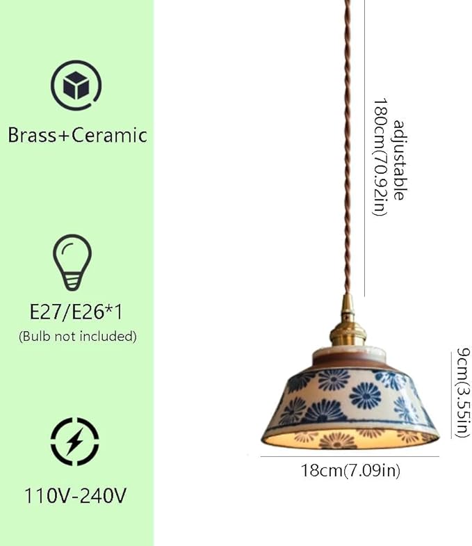 Chinese Retro Pendent Lamp,Indoor Under Glaze Colored Ceramics Ceiling Hanging Light,Adjustable Creative Home Kitchen Island Suspended Lighting Fixture,Bedroom Bedside Chandelier E 26 Base