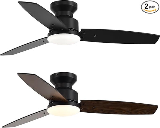 Conciseer 42 Inch Ceiling Fans with Lights and Remote, Bedroom Living Room Office, Flush Mount, 3CCT Dimmable, Dual Color 3 Blades, 6 Speed Reversible Quiet DC Motor, Black/Wood Grain, 2 Pack