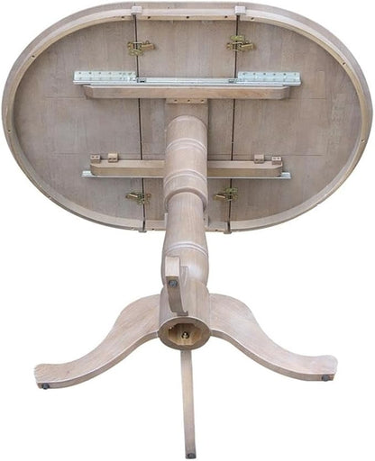 International Concepts 36" Round Top Pedestal Table with 12" Leaf-40.9" H-Dining, Counter, or Bar Height, Washed Gray Taupe