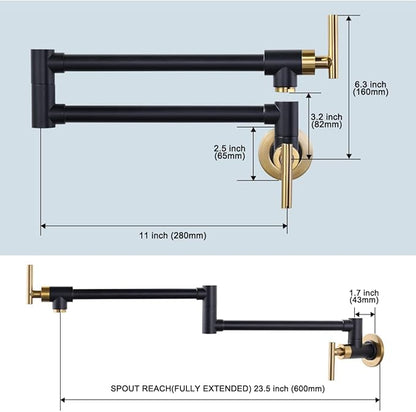 WOWOW Pot Filler Faucet Black Gold, Solid Brass Pot Filler Wall Mount Kitchen Stove Faucet with Double Joint Swing Arms